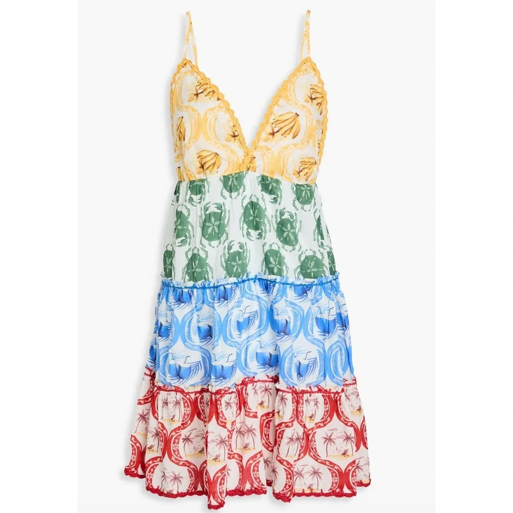 FARM Rio Multicolor Tiered Scallop-Trim Midi Dress (Yellow, Green, Blue, Red) - Picture 1 of 9